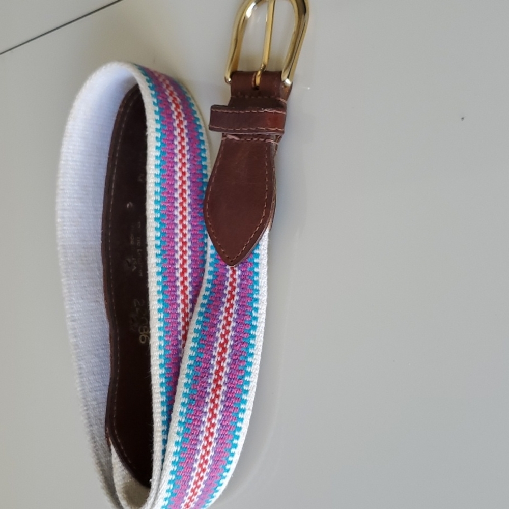 Liz Claiborne Pink/Blue/Red/Purple/White Material belt with leather end,…